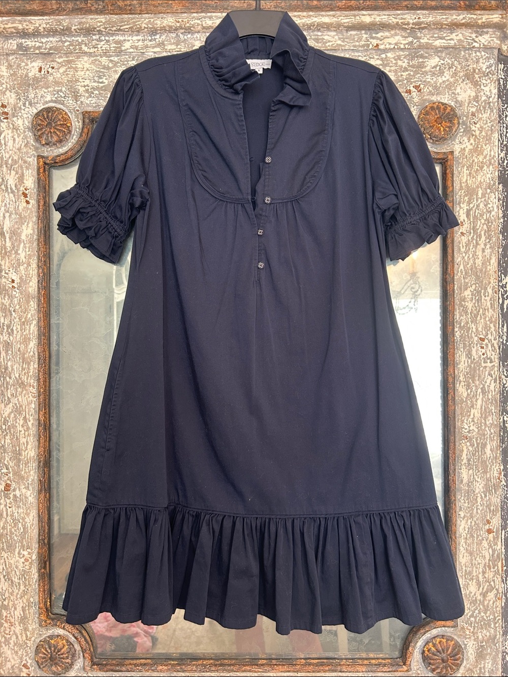Navy Ruffle-Hem Short Sleeve Mini Dress by Unknown Brand